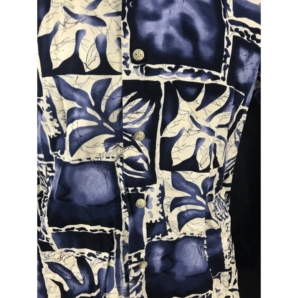 Cintas Hawaiian Aloha Shirt Mens Medium Tapa Print Navy White Luau